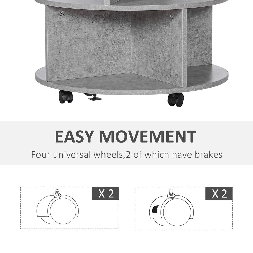 HOMCOM Round Coffee Table with Wheels, 3-Tier Rolling Side Table for Living Room with Divided Shelves, Cement Colour Additional View 6
