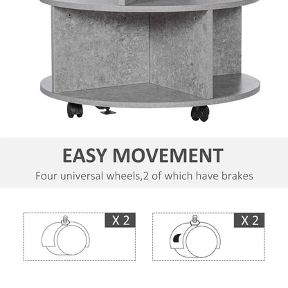 HOMCOM Round Coffee Table with Wheels, 3-Tier Rolling Side Table for Living Room with Divided Shelves, Cement Colour Additional View 6