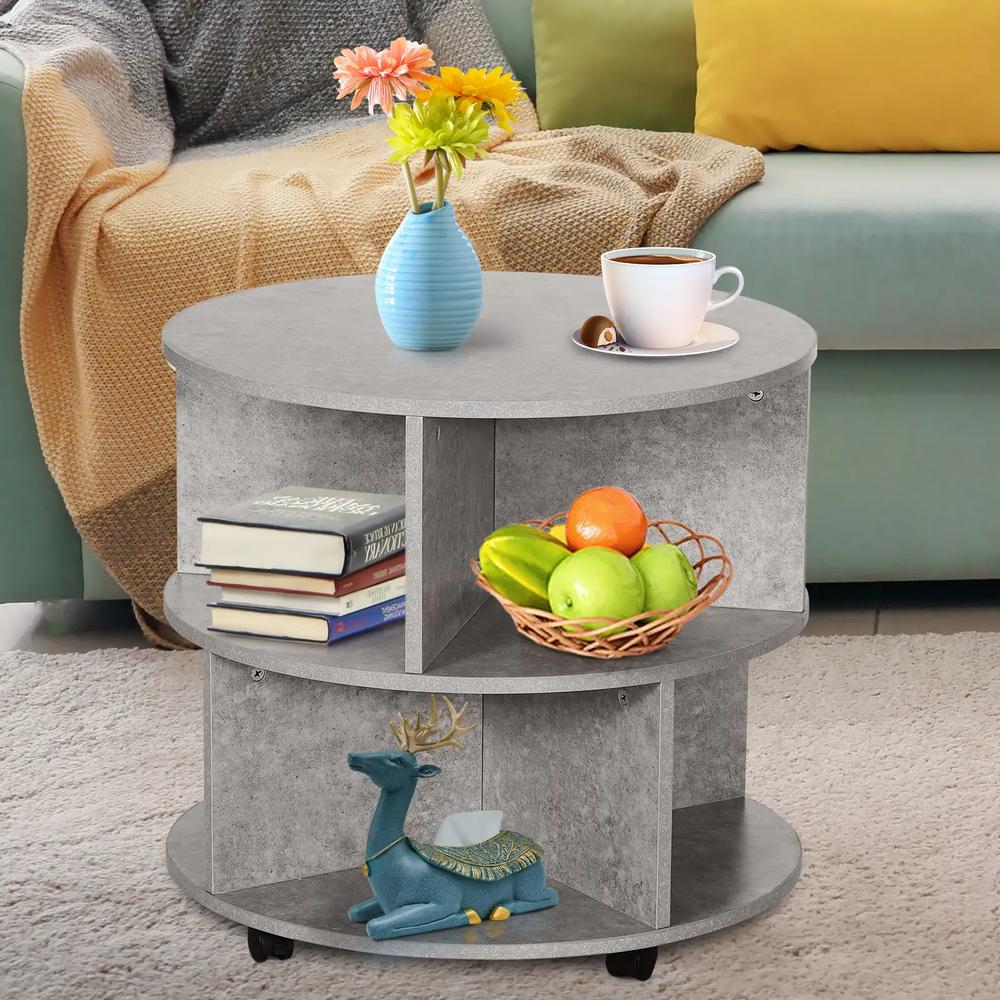 HOMCOM Round Coffee Table with Wheels, 3-Tier Rolling Side Table for Living Room with Divided Shelves, Cement Colour Additional View 7