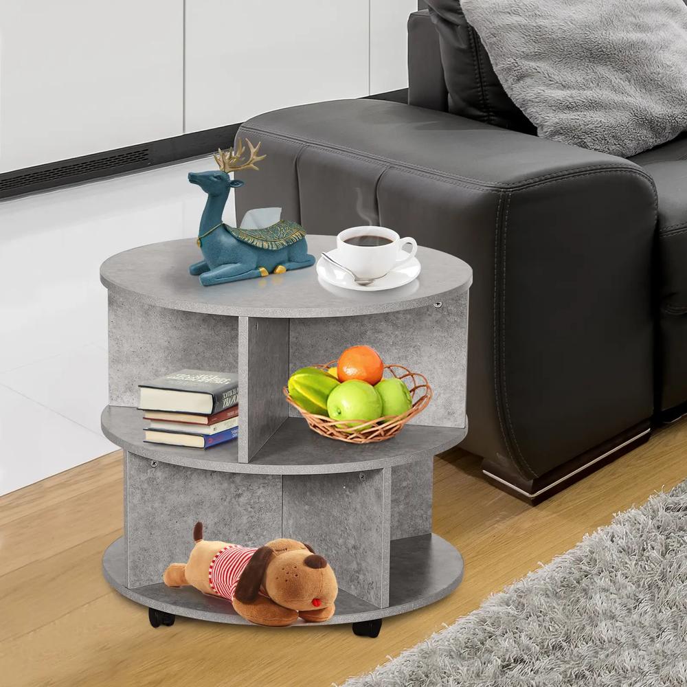 HOMCOM Round Coffee Table with Wheels, 3-Tier Rolling Side Table for Living Room with Divided Shelves, Cement Colour Additional View 8