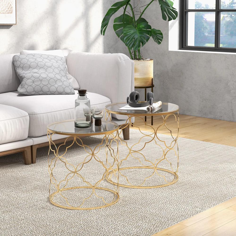 HOMCOM Nesting Tables Set of 2, Modern Stacking Side End Table with Tempered Glass Top, Metal Frame for Living Room Bedroom Office, Gold Tone Additional View 2