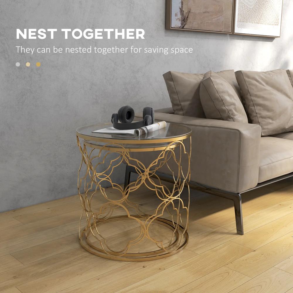 HOMCOM Nesting Tables Set of 2, Modern Stacking Side End Table with Tempered Glass Top, Metal Frame for Living Room Bedroom Office, Gold Tone Additional View 4