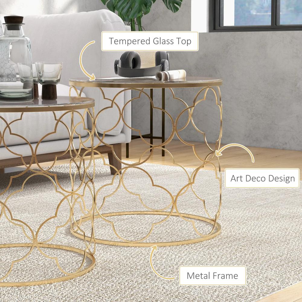 HOMCOM Nesting Tables Set of 2, Modern Stacking Side End Table with Tempered Glass Top, Metal Frame for Living Room Bedroom Office, Gold Tone Additional View 6