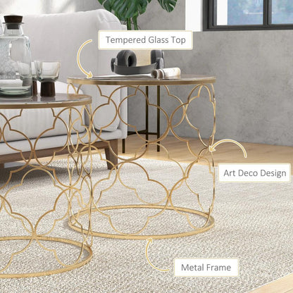 HOMCOM Nesting Tables Set of 2, Modern Stacking Side End Table with Tempered Glass Top, Metal Frame for Living Room Bedroom Office, Gold Tone Additional View 6