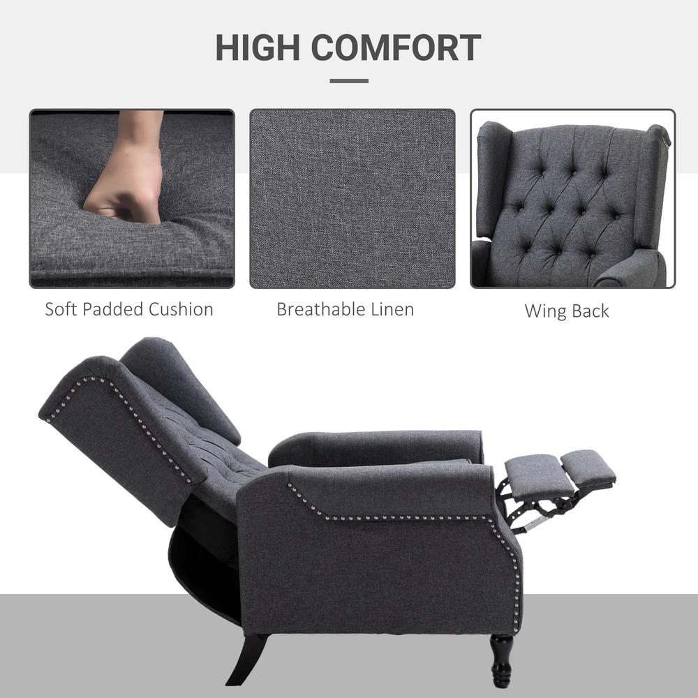 HOMCOM Recliner Armchair, Vintage Reclining Chair with Nail Head Trim, Wingback Chair with Button Tufted Back and Footrest, for Living Room Additional View 5