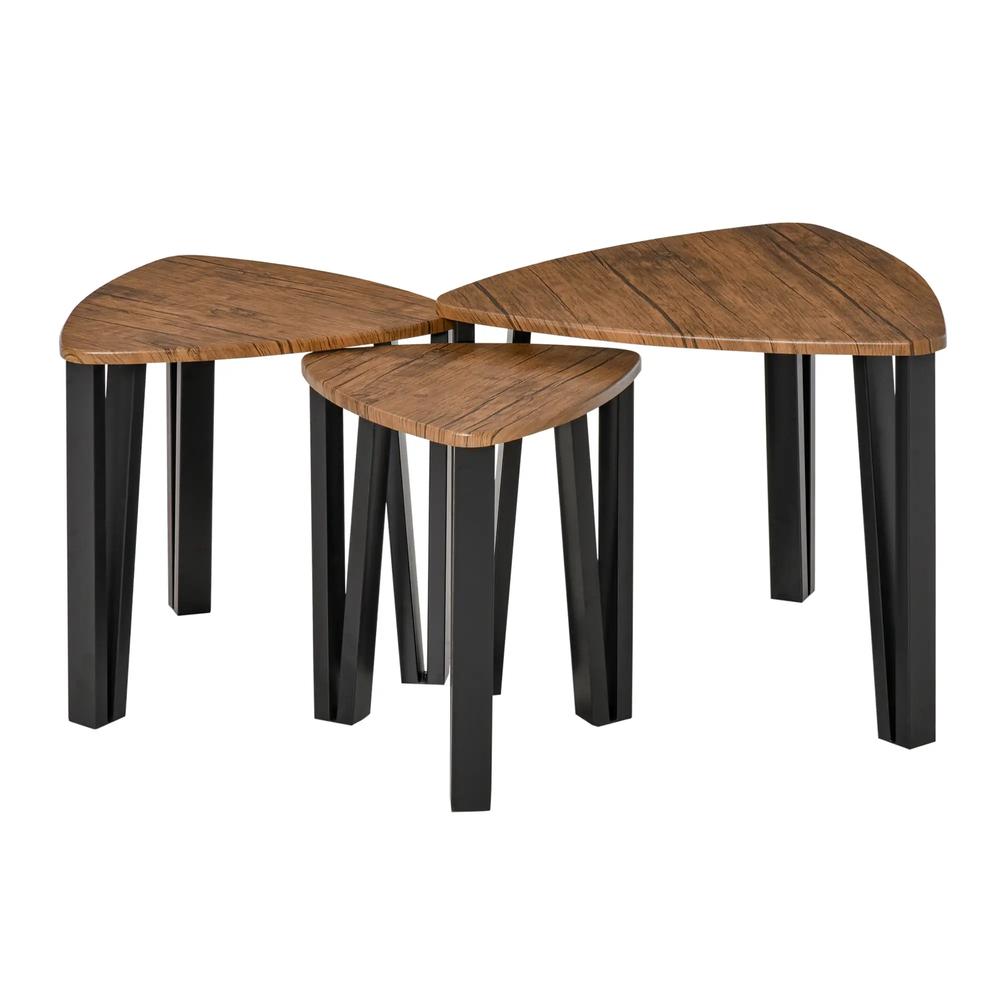 HOMCOM Nest of Tables, Coffee Table Set of 3, Triangle Nesting Tables with Metal Legs, Industrial End Side Table for Living Room, Walnut Wood Grain Additional View 11