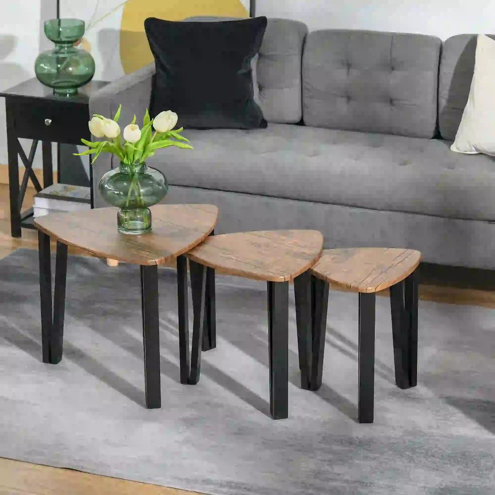 HOMCOM Nest of Tables, Coffee Table Set of 3, Triangle Nesting Tables with Metal Legs, Industrial End Side Table for Living Room, Walnut Wood Grain Additional View 2