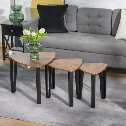 HOMCOM Nest of Tables, Coffee Table Set of 3, Triangle Nesting Tables with Metal Legs, Industrial End Side Table for Living Room, Walnut Wood Grain Additional View 2