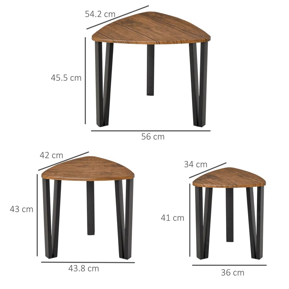 HOMCOM Nest of Tables, Coffee Table Set of 3, Triangle Nesting Tables with Metal Legs, Industrial End Side Table for Living Room, Walnut Wood Grain Additional View 3