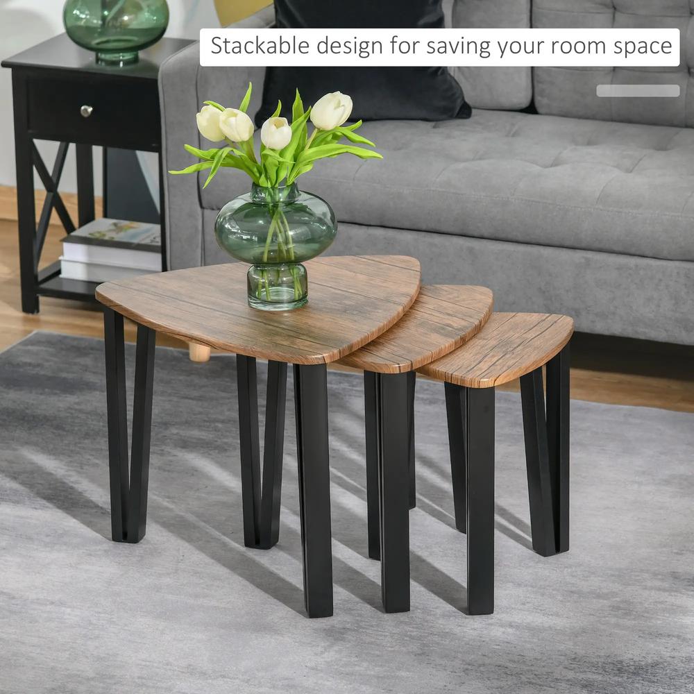 HOMCOM Nest of Tables, Coffee Table Set of 3, Triangle Nesting Tables with Metal Legs, Industrial End Side Table for Living Room, Walnut Wood Grain Additional View 4
