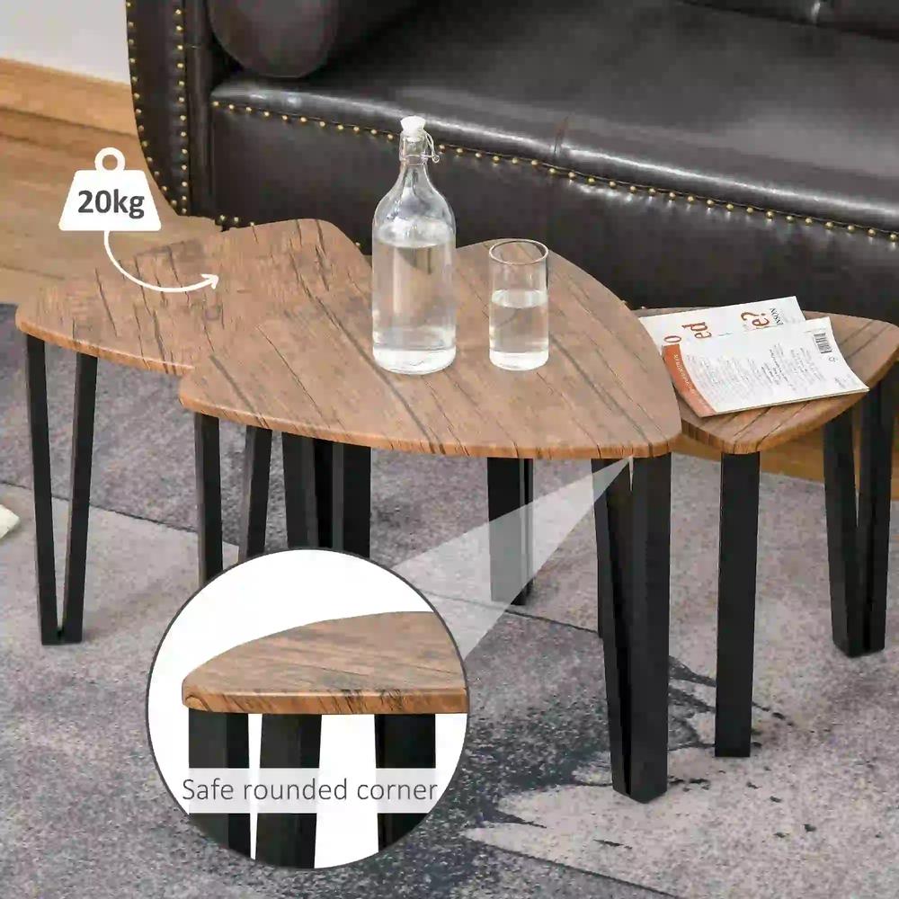 HOMCOM Nest of Tables, Coffee Table Set of 3, Triangle Nesting Tables with Metal Legs, Industrial End Side Table for Living Room, Walnut Wood Grain Additional View 6