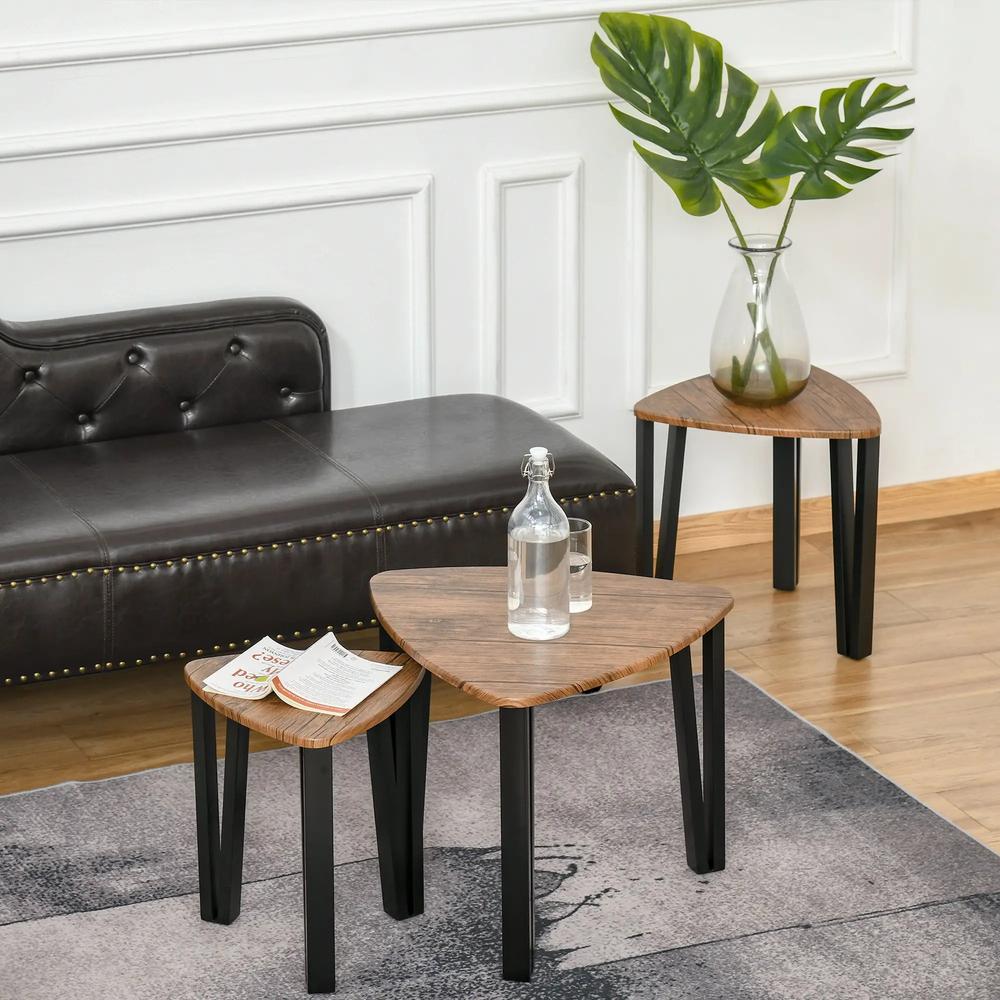 HOMCOM Nest of Tables, Coffee Table Set of 3, Triangle Nesting Tables with Metal Legs, Industrial End Side Table for Living Room, Walnut Wood Grain Additional View 10