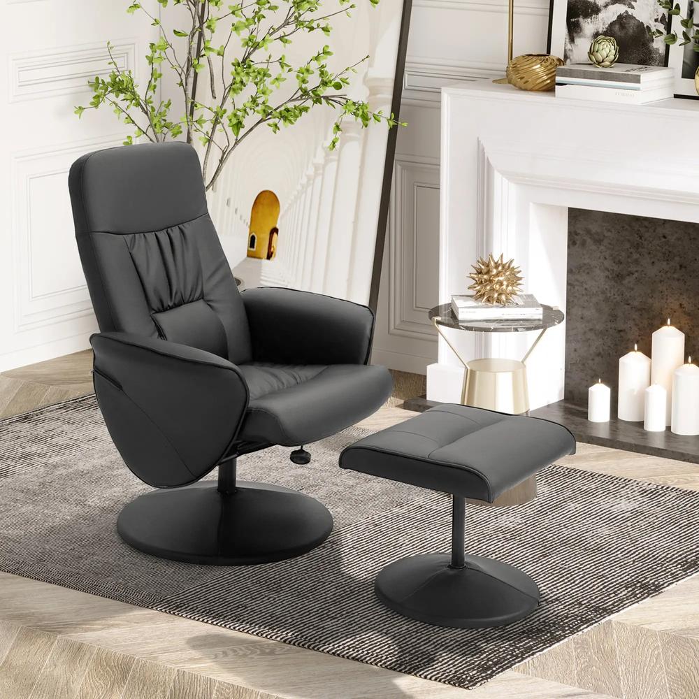 HOMCOM Swivel Recliner Chair with Footstool, PU Leather Armchair and Ottoman with High Back and Round Base for Living Room, Black Additional View 2