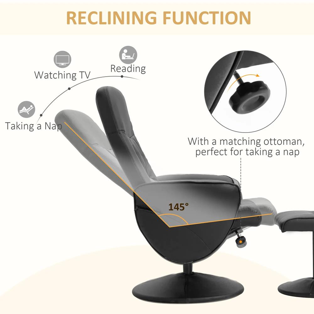 HOMCOM Swivel Recliner Chair with Footstool, PU Leather Armchair and Ottoman with High Back and Round Base for Living Room, Black Additional View 4