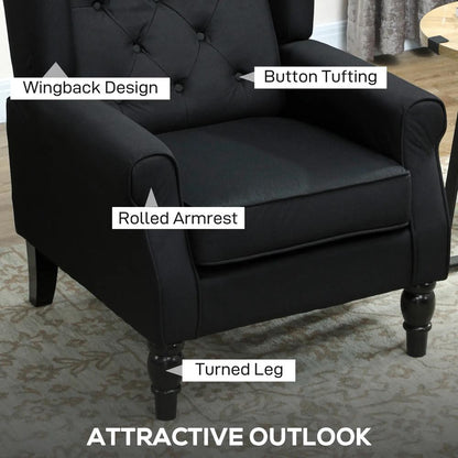HOMCOM Wingback Accent Chair, Faux Linen Armchair with Thick Spring Cushion, High Back, Solid Wood Legs, Retro Button Tufted Reading Chair for Living Room, Bedroom, Black Additional View 4