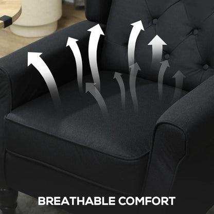 HOMCOM Wingback Accent Chair, Faux Linen Armchair with Thick Spring Cushion, High Back, Solid Wood Legs, Retro Button Tufted Reading Chair for Living Room, Bedroom, Black Additional View 6