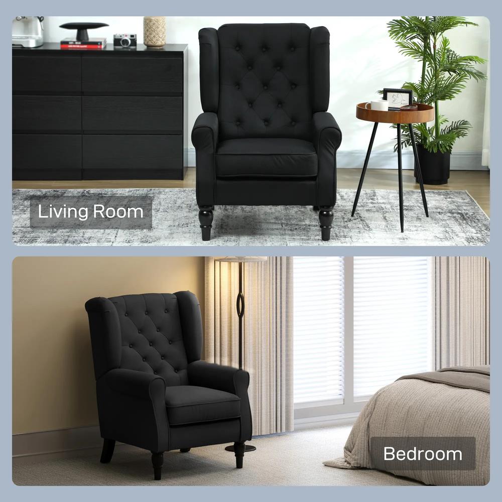HOMCOM Wingback Accent Chair, Faux Linen Armchair with Thick Spring Cushion, High Back, Solid Wood Legs, Retro Button Tufted Reading Chair for Living Room, Bedroom, Black Additional View 8