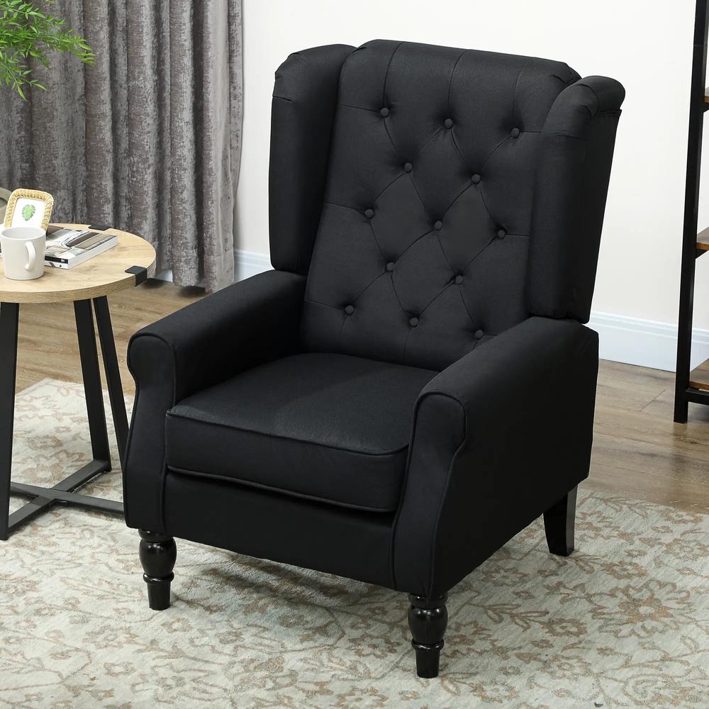 HOMCOM Wingback Accent Chair, Faux Linen Armchair with Thick Spring Cushion, High Back, Solid Wood Legs, Retro Button Tufted Reading Chair for Living Room, Bedroom, Black Additional View 10