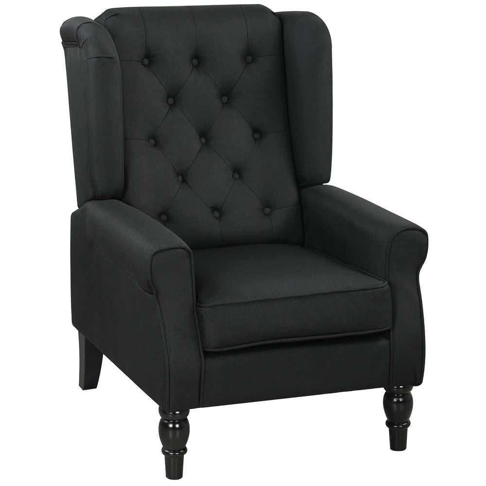 HOMCOM Wingback Accent Chair, Faux Linen Armchair with Thick Spring Cushion, High Back, Solid Wood Legs, Retro Button Tufted Reading Chair for Living Room, Bedroom, Black