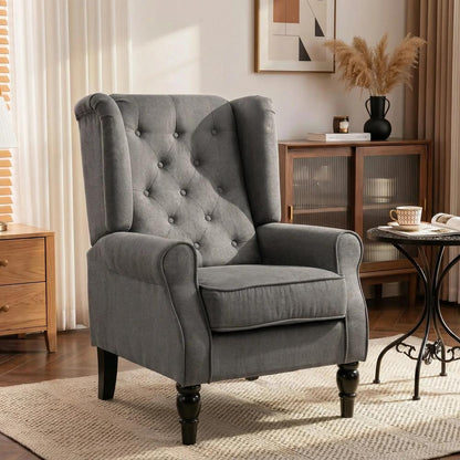 HOMCOM Wingback Accent Chair, Snow Flannel Armchair with Thick Spring Cushion, High Back, Solid Wood Legs, Retro Button Tufted Reading Chair for Living Room, Bedroom, Dark Grey Additional View 2