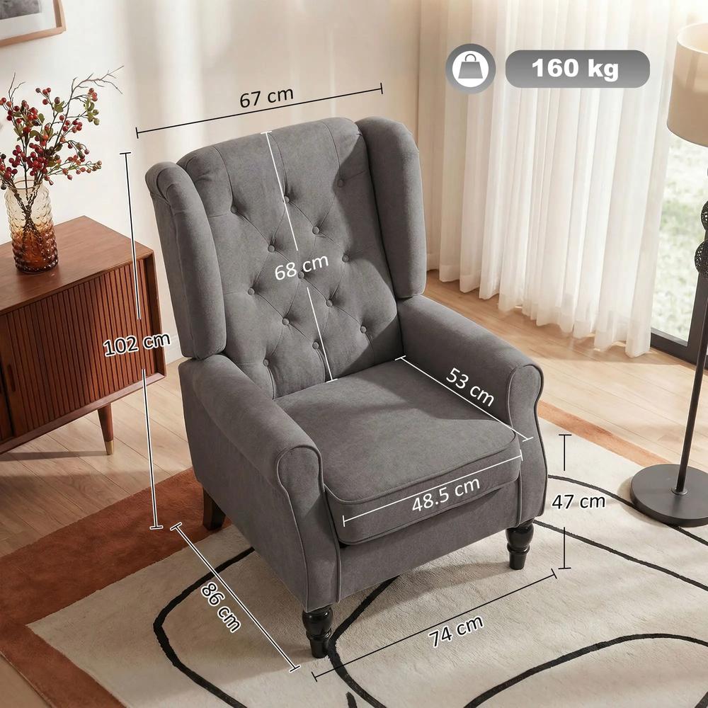 HOMCOM Wingback Accent Chair, Snow Flannel Armchair with Thick Spring Cushion, High Back, Solid Wood Legs, Retro Button Tufted Reading Chair for Living Room, Bedroom, Dark Grey Additional View 3