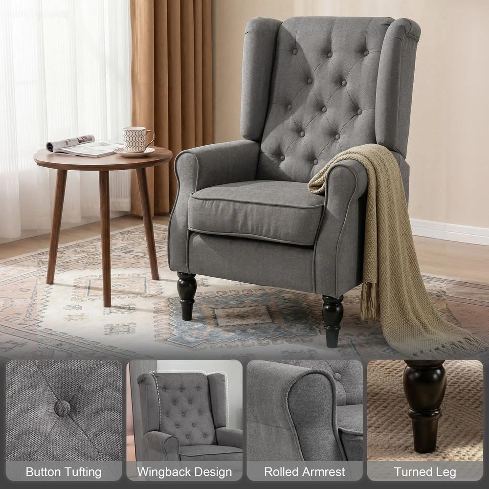 HOMCOM Wingback Accent Chair, Snow Flannel Armchair with Thick Spring Cushion, High Back, Solid Wood Legs, Retro Button Tufted Reading Chair for Living Room, Bedroom, Dark Grey Additional View 4