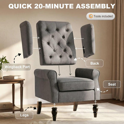 HOMCOM Wingback Accent Chair, Snow Flannel Armchair with Thick Spring Cushion, High Back, Solid Wood Legs, Retro Button Tufted Reading Chair for Living Room, Bedroom, Dark Grey Additional View 7