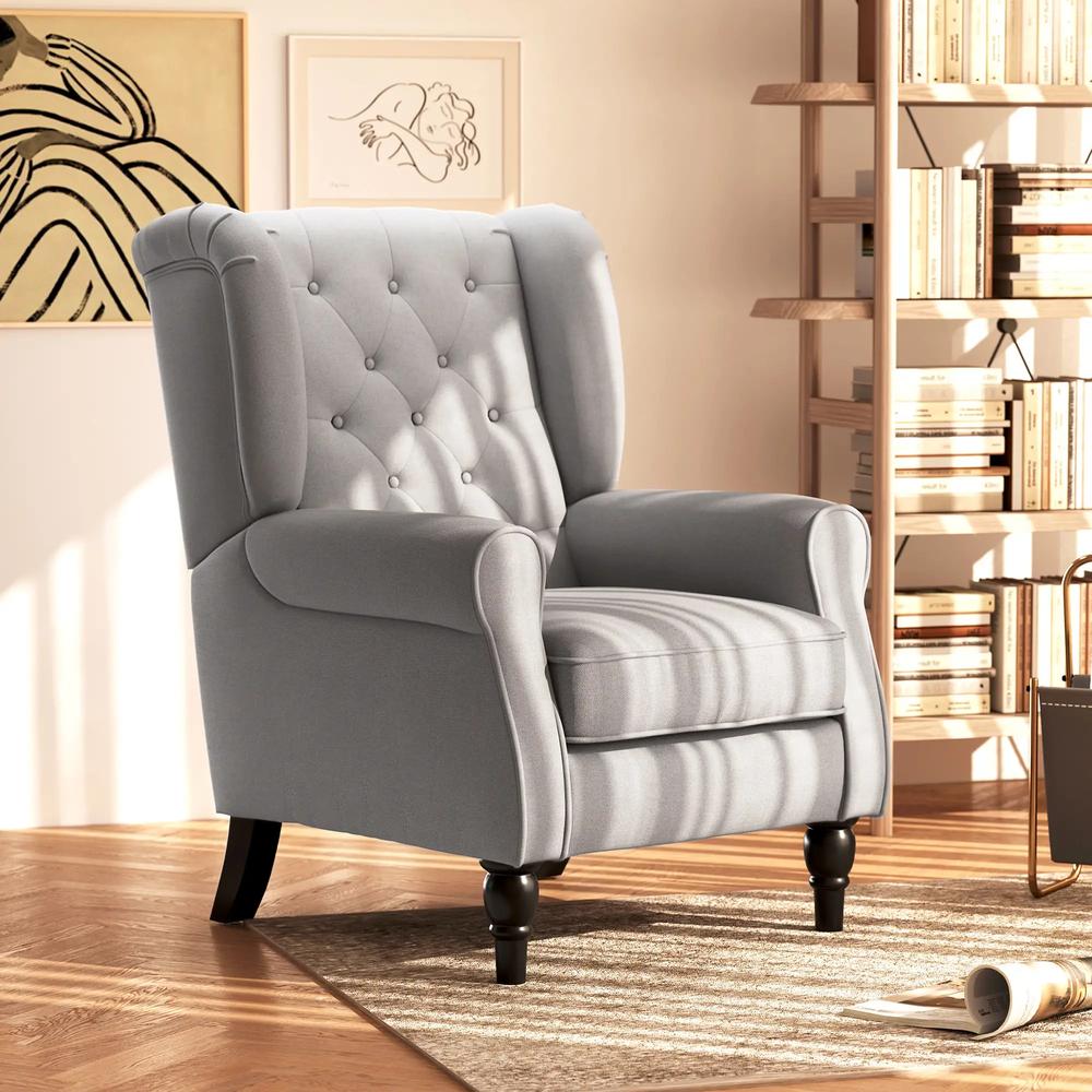 HOMCOM Retro Accent Chair, Wingback Armchair with Wood Frame Button Tufted Design for Living Room Bedroom, Grey Additional View 2