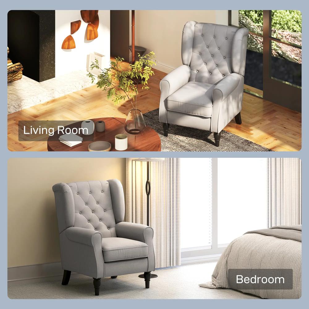 HOMCOM Retro Accent Chair, Wingback Armchair with Wood Frame Button Tufted Design for Living Room Bedroom, Grey Additional View 8