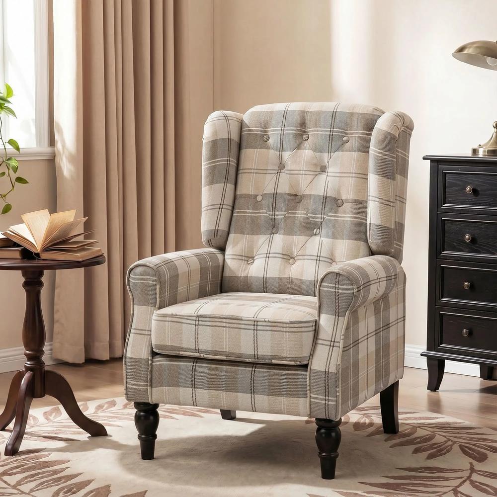 HOMCOM Wingback Accent Chair, Linen-Look Fabric Armchair with Thick Spring Cushion, High Back, Khaki Plaid Additional View 14