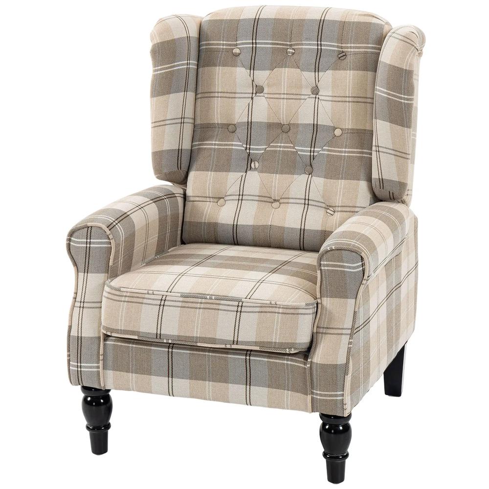 HOMCOM Wingback Accent Chair, Linen-Look Fabric Armchair with Thick Spring Cushion, High Back, Khaki Plaid Additional View 15