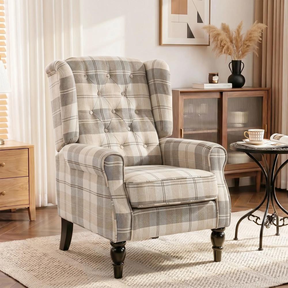 HOMCOM Wingback Accent Chair, Linen-Look Fabric Armchair with Thick Spring Cushion, High Back, Khaki Plaid Additional View 2