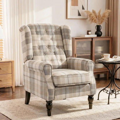 HOMCOM Wingback Accent Chair, Linen-Look Fabric Armchair with Thick Spring Cushion, High Back, Khaki Plaid Additional View 2