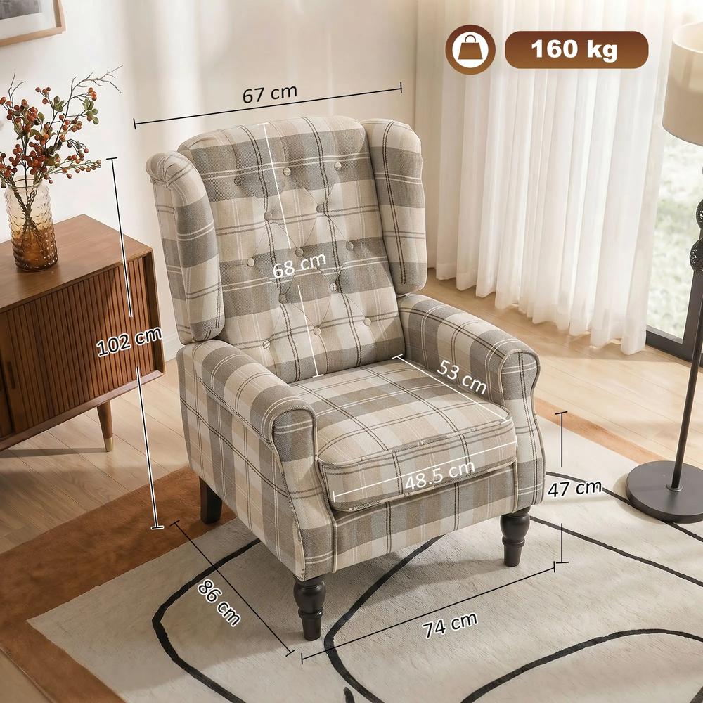 HOMCOM Wingback Accent Chair, Linen-Look Fabric Armchair with Thick Spring Cushion, High Back, Khaki Plaid Additional View 3