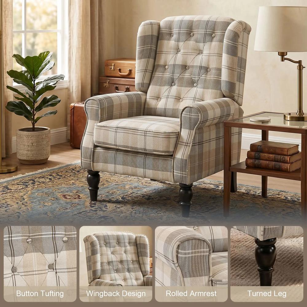 HOMCOM Wingback Accent Chair, Linen-Look Fabric Armchair with Thick Spring Cushion, High Back, Khaki Plaid Additional View 4