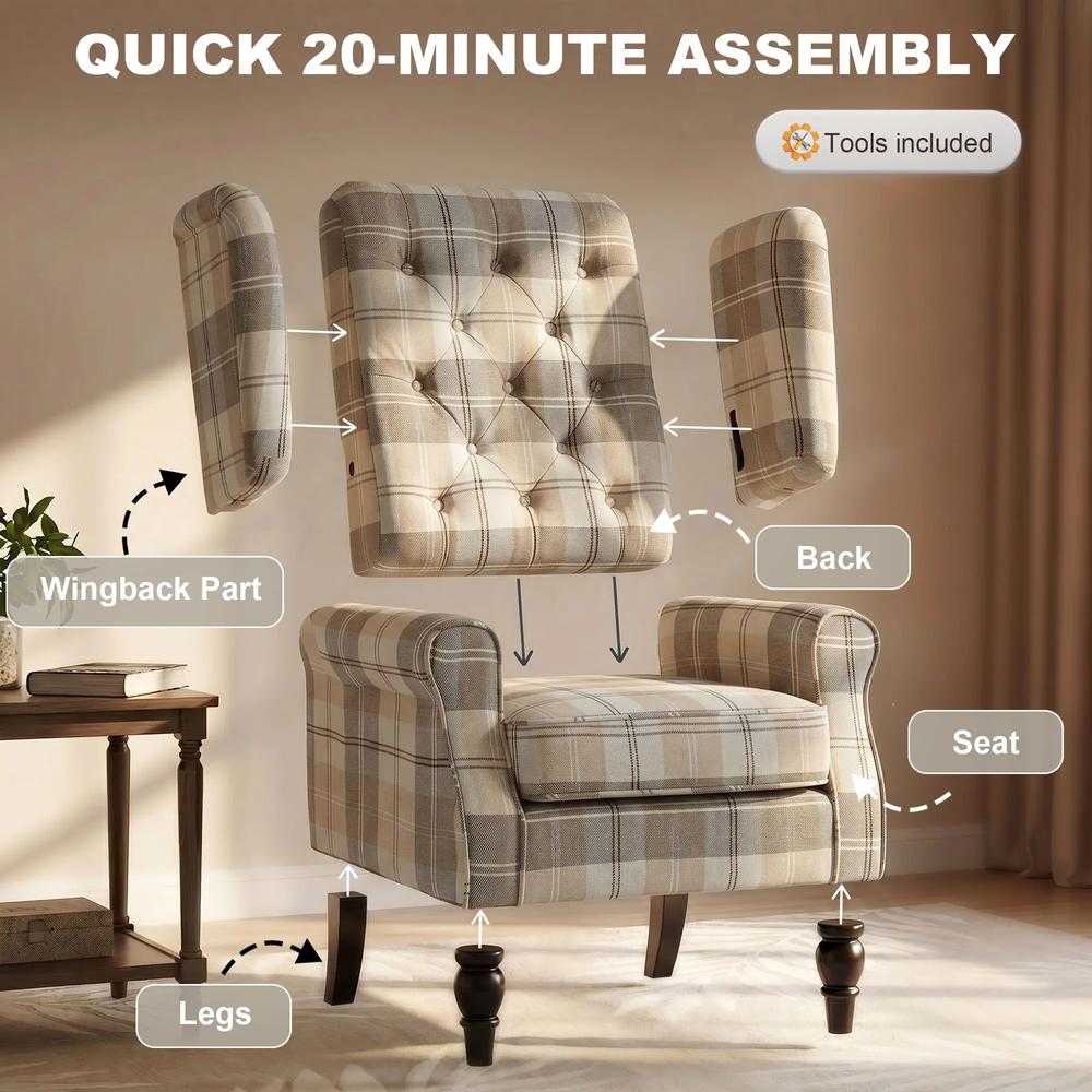 HOMCOM Wingback Accent Chair, Linen-Look Fabric Armchair with Thick Spring Cushion, High Back, Khaki Plaid Additional View 7