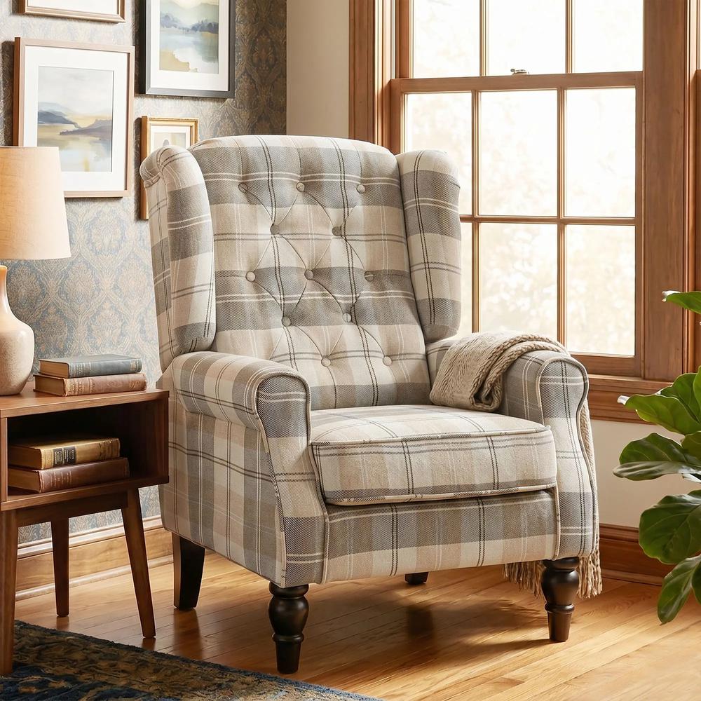 HOMCOM Wingback Accent Chair, Linen-Look Fabric Armchair with Thick Spring Cushion, High Back, Khaki Plaid Additional View 8