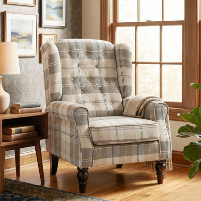HOMCOM Wingback Accent Chair, Linen-Look Fabric Armchair with Thick Spring Cushion, High Back, Khaki Plaid Additional View 8