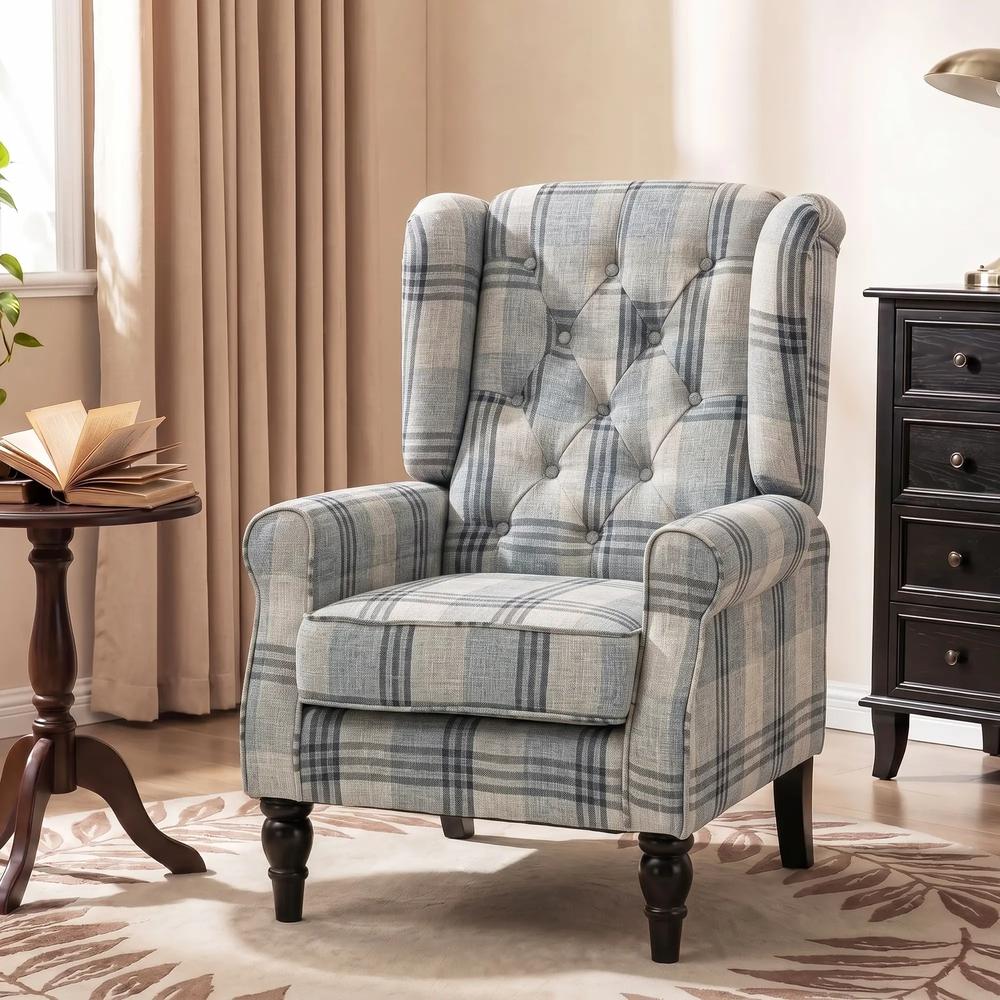 HOMCOM Faux Linen Armchair with Thick Spring Cushion, Wingback Accent Chair with High Back, Solid Wood Legs, Mixed Plaid Additional View 14