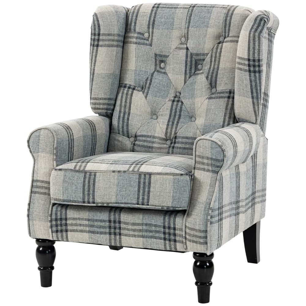 HOMCOM Faux Linen Armchair with Thick Spring Cushion, Wingback Accent Chair with High Back, Solid Wood Legs, Mixed Plaid Additional View 15
