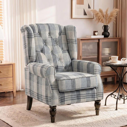 HOMCOM Faux Linen Armchair with Thick Spring Cushion, Wingback Accent Chair with High Back, Solid Wood Legs, Mixed Plaid Additional View 2