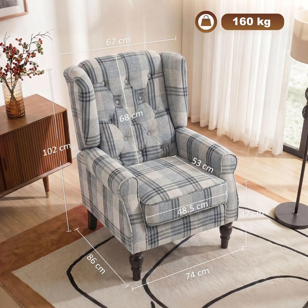HOMCOM Faux Linen Armchair with Thick Spring Cushion, Wingback Accent Chair with High Back, Solid Wood Legs, Mixed Plaid Additional View 3