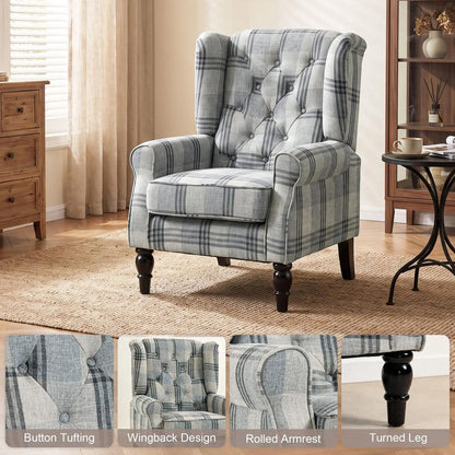 HOMCOM Faux Linen Armchair with Thick Spring Cushion, Wingback Accent Chair with High Back, Solid Wood Legs, Mixed Plaid Additional View 4