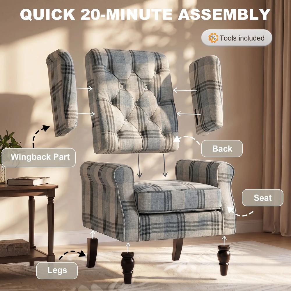 HOMCOM Faux Linen Armchair with Thick Spring Cushion, Wingback Accent Chair with High Back, Solid Wood Legs, Mixed Plaid Additional View 7