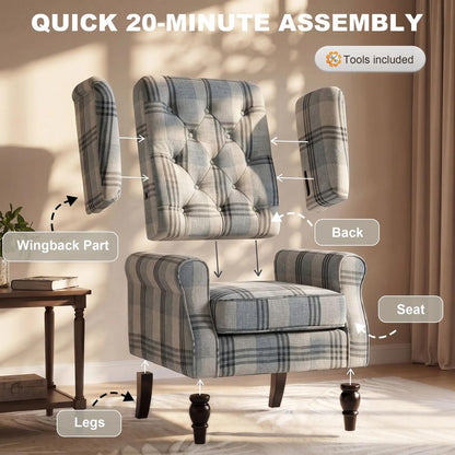 HOMCOM Faux Linen Armchair with Thick Spring Cushion, Wingback Accent Chair with High Back, Solid Wood Legs, Mixed Plaid Additional View 7