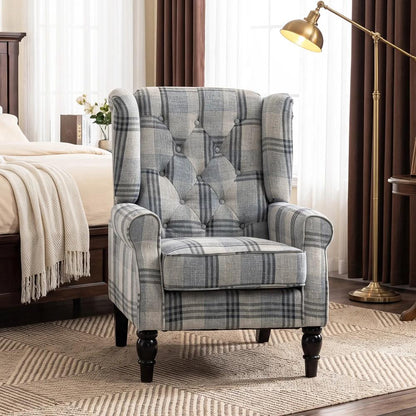 HOMCOM Faux Linen Armchair with Thick Spring Cushion, Wingback Accent Chair with High Back, Solid Wood Legs, Mixed Plaid Additional View 8
