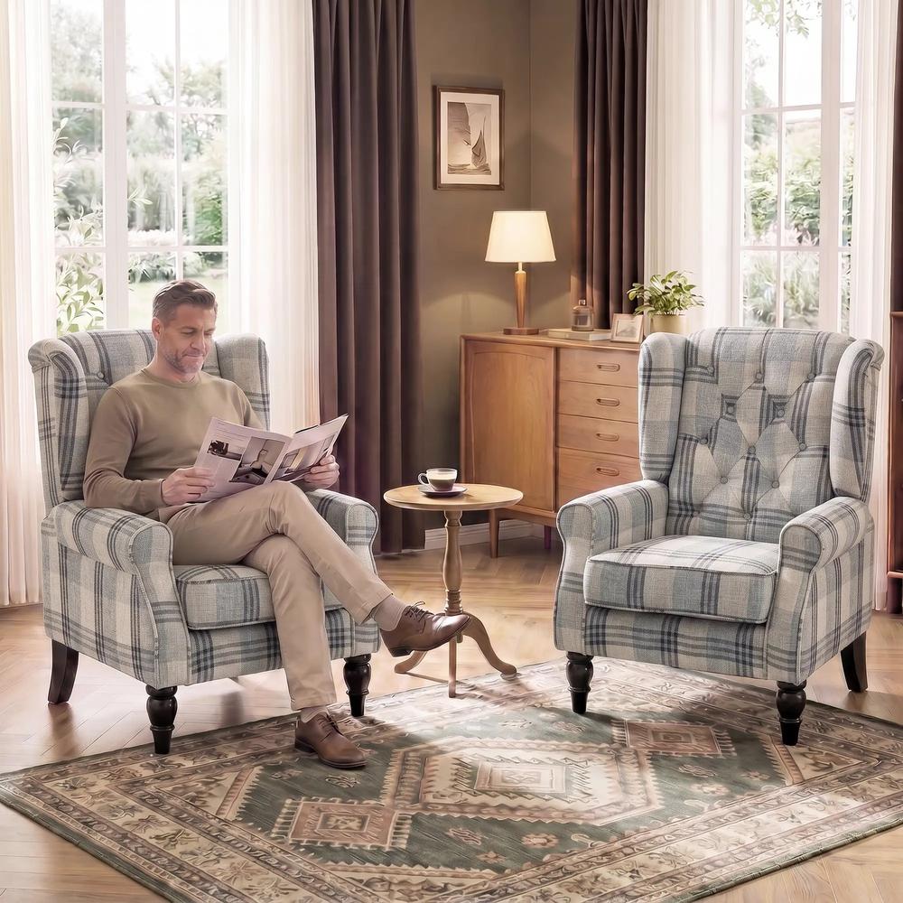 HOMCOM Faux Linen Armchair with Thick Spring Cushion, Wingback Accent Chair with High Back, Solid Wood Legs, Mixed Plaid Additional View 9
