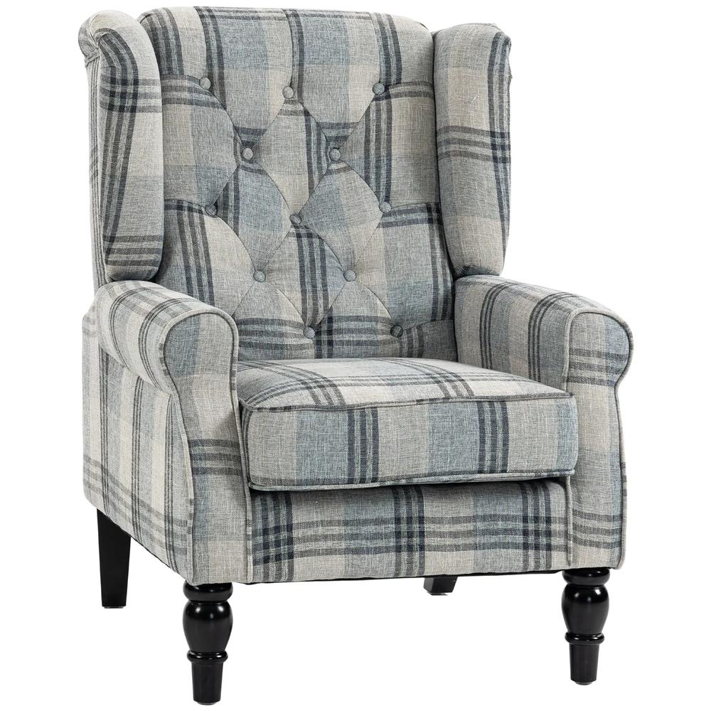 HOMCOM Faux Linen Armchair with Thick Spring Cushion, Wingback Accent Chair with High Back, Solid Wood Legs, Mixed Plaid