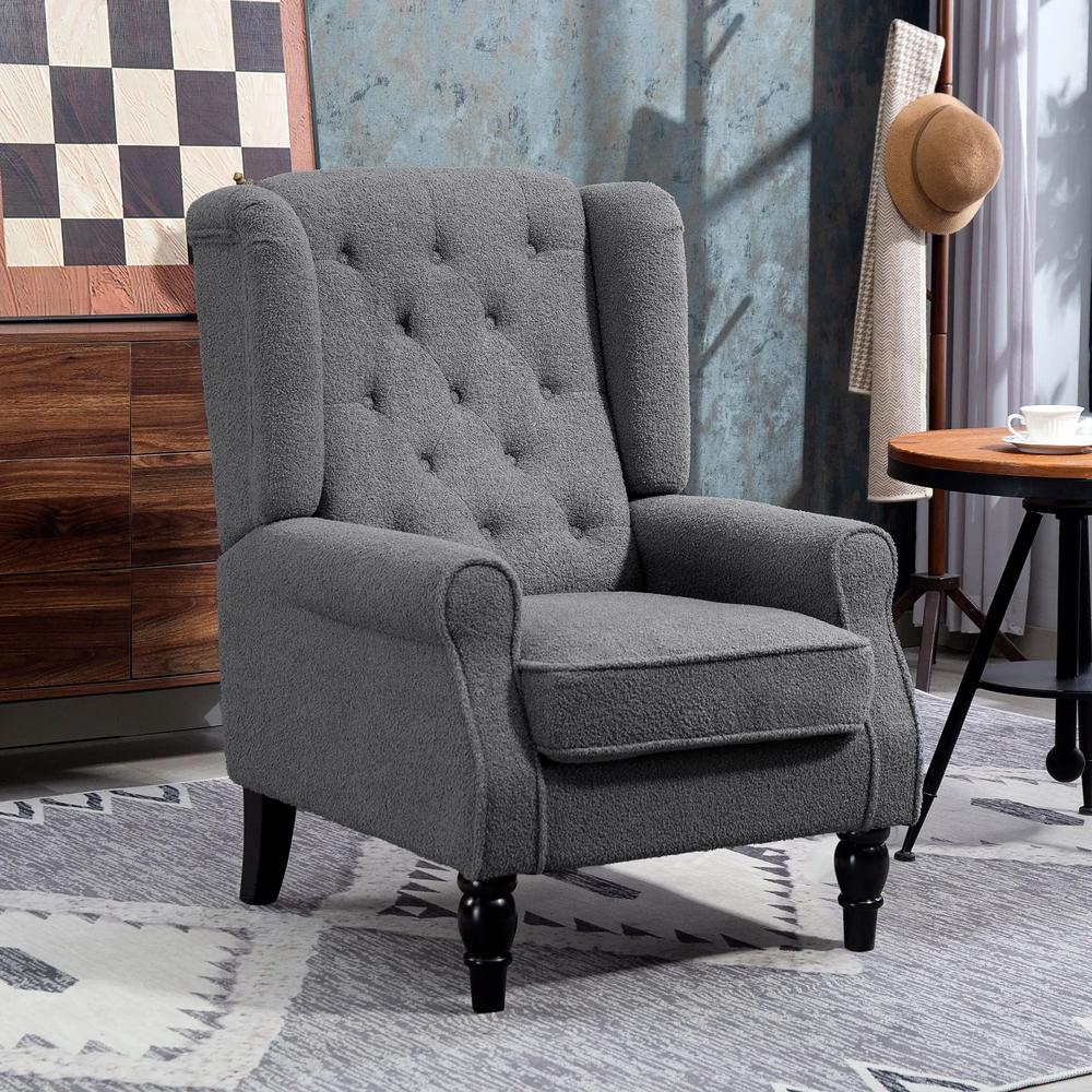 HOMCOM Teddy Fleece Retro Wingback Chair - Grey Additional View 2