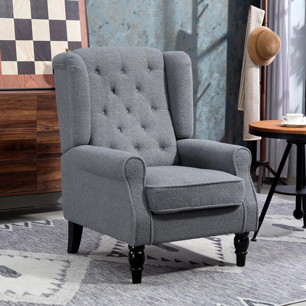 HOMCOM Wingback Accent Chair, Retro Upholstered Button Tufted Occasional Chair for Living Room and Bedroom, Grey Additional View 2